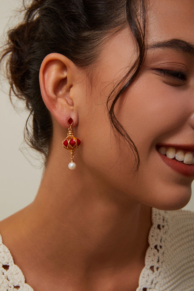 S925 Silver Vintage Gold Red Enamel Lantern Pearl Earrings Main Image