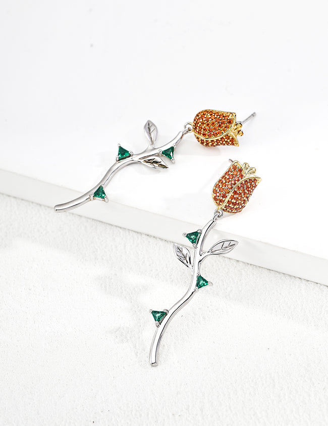 Vintage Rose Drop Earrings|Sterling Silver with Color Zircon Hover Image